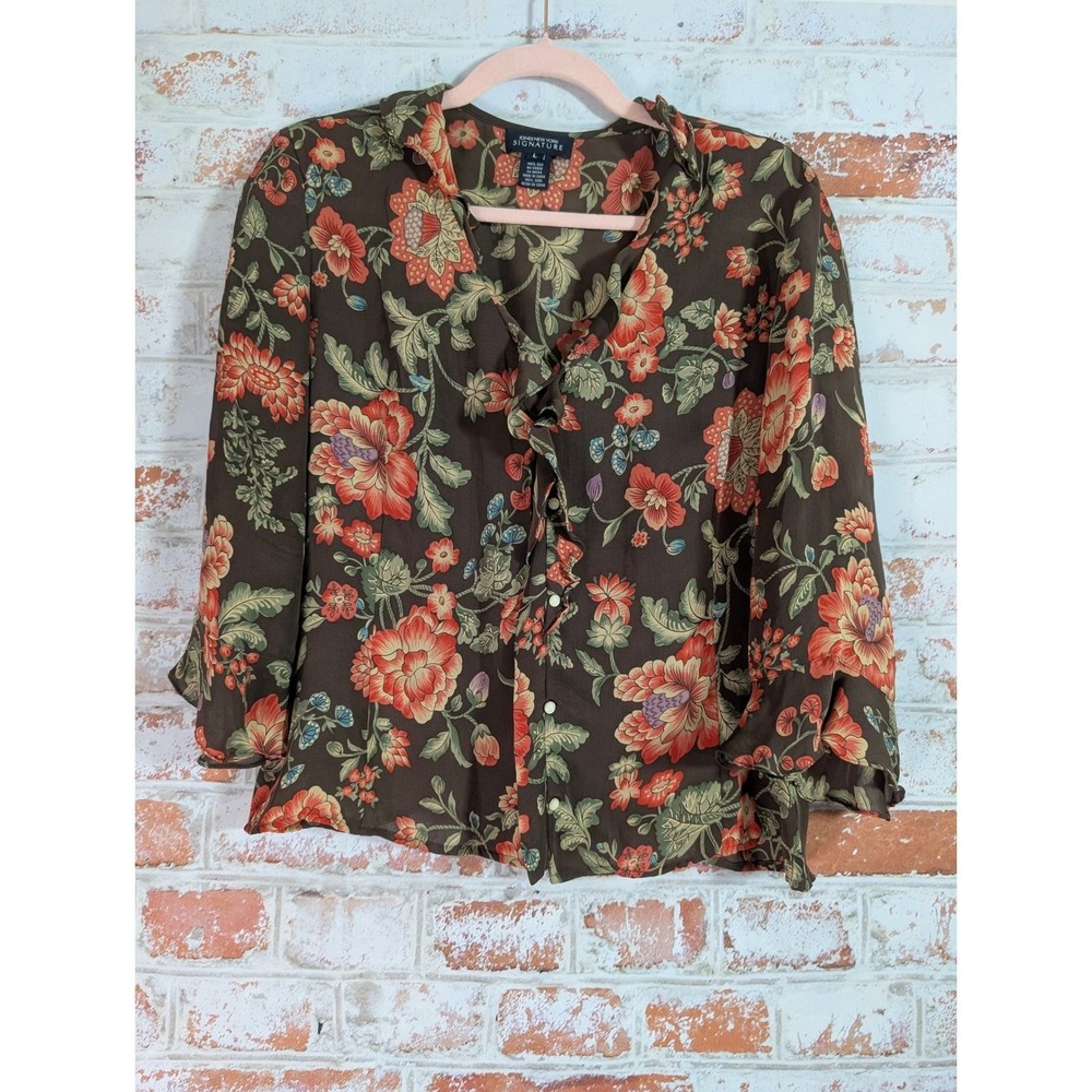 Jones New York Silk Blouse Womens Large Brown Floral Ruffle Bell Sleeve Top